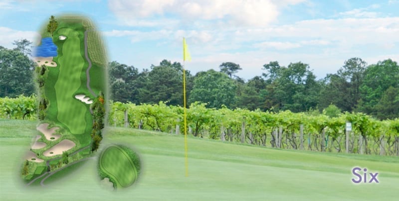 This is a demanding, long, three-shot Par 5. Enjoy your tee shot as it flies over the large diagonal waste area on this cape-style hole to a wide fairway. The conservative player should lay up the second shot short of the bottleneck created by vineyards on the right and a waste area and pond on the left.For the adventurous, successfully challenge the bottleneck and find yourself set up for a birdie opportunity.